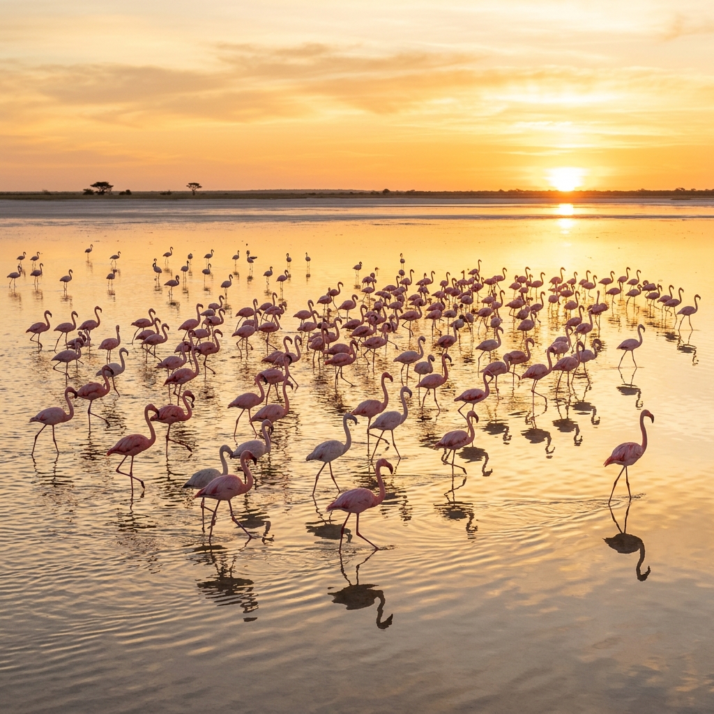 Pink flamingos at Makgadikgadi Salt Pans